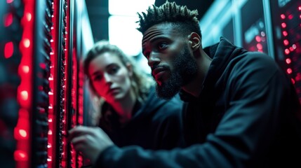 Focused man and woman collaborating on server maintenance in a dimly lit server room, illuminated by red lights. The image emphasizes teamwork and technological expertise.