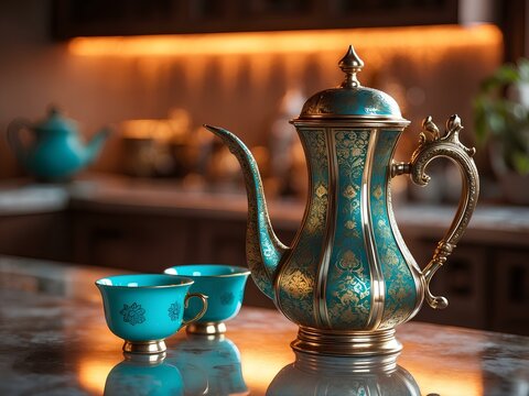 A Richly Detailed Cinematic Photograph Showcasing a Traditional Persian Tea Maker with Ornate Designs, Resting on a Marble Kitchen Counter, Radiating Warmth, Heritage, and Timeless Craftsmanship