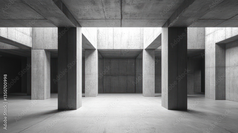 Poster modern minimalist concrete interior architecture with columns and natural light.