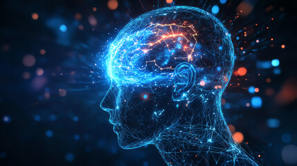 Futuristic digital brain with glowing neurons and networks.