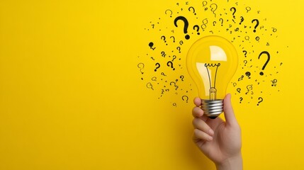 A hand holds a glowing lightbulb against a yellow background, surrounded by question marks. The image evokes curiosity and the search for solutions.
