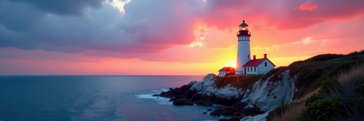 Naklejka premium Modern white lighthouse, dramatic sunset, rocky coastline, golden hour, picturesque