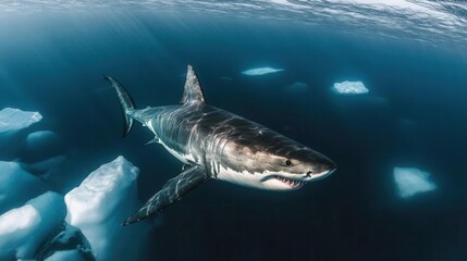 Naklejka premium Great White Shark Swimming Gracefully Under Icebergs in Clear Arctic Waters