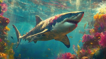 Great White Shark Swimming Through Vibrant Coral Reef Underwater Scene in Tropical Ocean