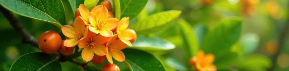 Fototapeta premium Orange blossoms cluster on a lush green citrus tree branch , photography, fragrant, springtime