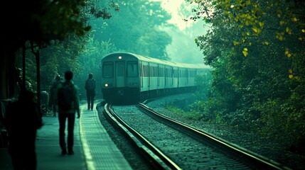 Fototapeta premium A commuter train arrives at a station platform on a misty morning, passengers wait, green foliage surrounds the tracks. The scene evokes a sense of quiet anticipation and daily routine.