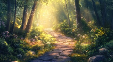Obraz premium A sunlight dappled path winds through a vibrant forest landscape