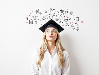 Young woman wearing graduation cap looking up with creative education-related doodles above her head on light background. Concept of learning and knowledge. Ai generative