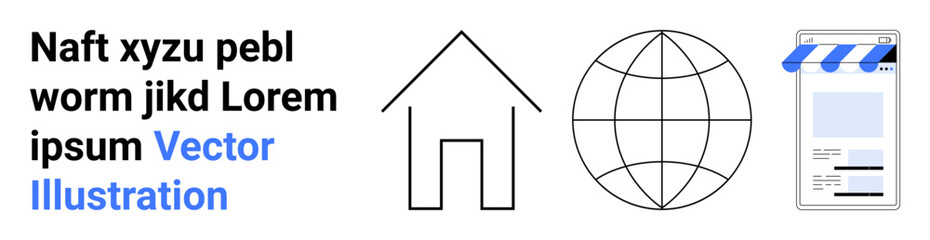House outline, globe, and mobile storefront design emphasize online presence, global connection, and e-commerce. Ideal for business, technology, real estate, e-commerce marketing education
