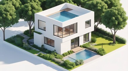 A small modern minimalist house isometric perspective, 3D model miniature