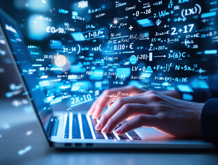 Hands typing on laptop with floating mathematical formulas and data symbols on blue background. Concept of science, technology, and creative digital analysis. Ai generative