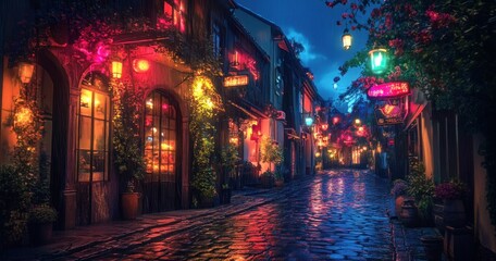 Fototapeta premium A picturesque cobblestone street illuminated with colorful electric lighting