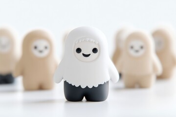 Fototapeta premium Smiling figurine, front and center, with soft, muted colors, standing out from a group of similar figures