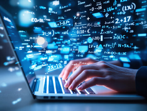 Hands typing on laptop with floating mathematical formulas and data symbols on blue background. Concept of science, technology, and creative digital analysis. Ai generative