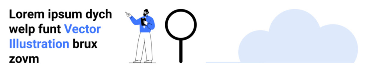 Male figure in blue shirt pointing at text, magnifying glass, and cloud. Ideal for research, data analysis, knowledge sharing, brainstorming, education, innovation simple landing page