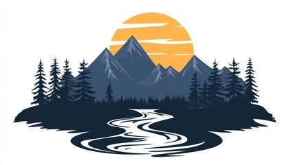 A scenic view of mountains trees river and a sunset