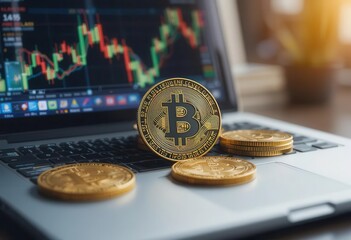 Bitcoin on laptop with trading chart