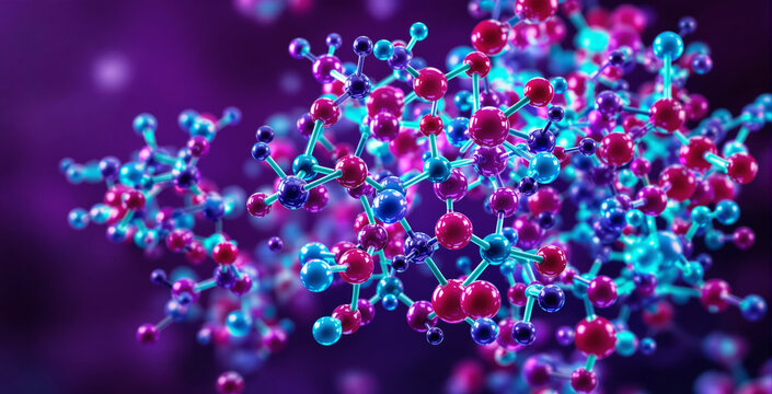 Colorful molecular structure with glowing atoms and bonds on a dark purple background. Concept of chemistry, biology, and nanotechnology. Ai generative
