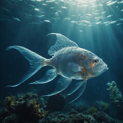 Naklejka premium A translucent fish made of mist, drifting in a fantasy world.