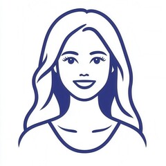 Line art illustration of a smiling young woman with long wavy hair, wearing a simple top. Blue color palette on white background. Clean and minimalist style.