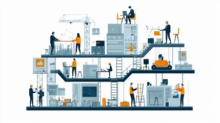 Fototapeta premium A stylized illustration depicting a multi level office interior with numerous employees engaged in various tasks. The design is minimalist, with muted colors and flat graphic style. 
