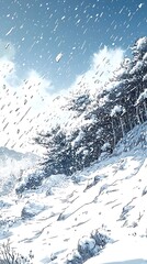 Obraz premium 눈 내리는 겨울 산속 풍경, AI 생성