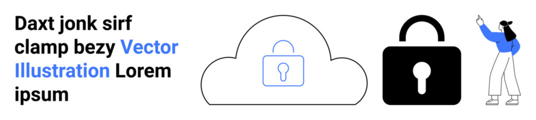 Cloud with a lock outline, solid lock symbol, and woman pointing at key elements. Ideal for cybersecurity, data privacy, online security, technology, digital solutions, encryption simple landing