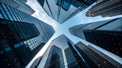 Upward perspective of modern glass skyscrapers reaching into a blue sky, highlighting advanced urban planning, corporate hubs and the sleek design of metropolitan architecture