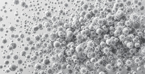 Abstract microscopic view of viral particles floating in space on a light background. Concept of microbiology, infection, and medical science. Ai generative