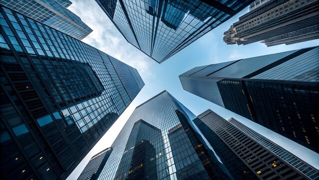 Upward perspective of modern glass skyscrapers reaching into a blue sky, highlighting advanced urban planning, corporate hubs and the sleek design of metropolitan architecture