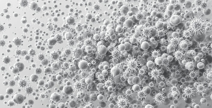 Abstract microscopic view of viral particles floating in space on a light background. Concept of microbiology, infection, and medical science. Ai generative