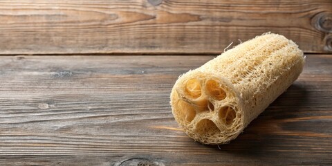 Minimalist Flat Lay of a Loofah on Wooden Texture with Negative Space for Design Elements and Urban Exploration Photography