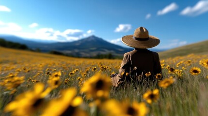 A serene figure sits amidst a vast sunflower field, gazing at a mountain vista.  A contemplative moment in nature