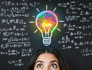Woman looking up at a glowing multicolored lightbulb, symbolizing a creative idea, with mathematical equations in the background. Ai generative