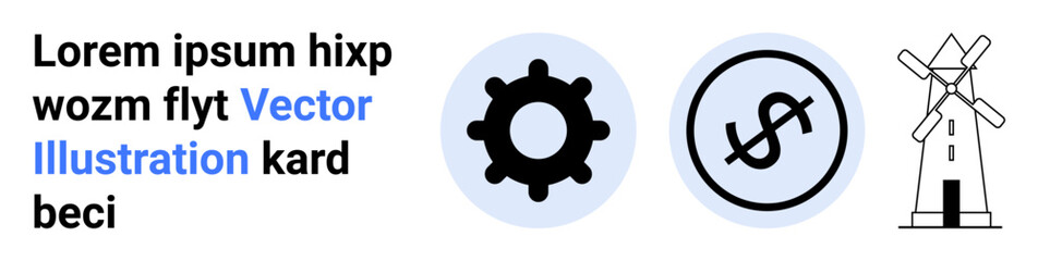 Gear, dollar sign in circular outline, and windmill illustration. Placeholder text on the side. Ideal for technology, finance, agriculture, renewable energy, sustainability innovation simple