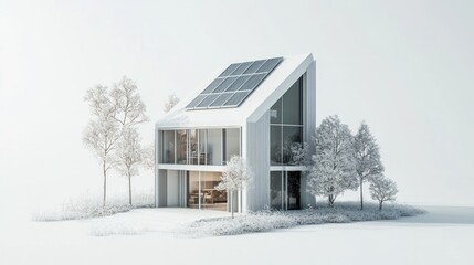 Modern minimalist solar powered house, 3D rendering.