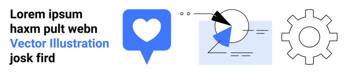 Heart within chat bubble, abstract analytics chart with arrows, and gear icon for mechanisms. Ideal for technology, analytics, marketing, teamwork, communication, app design simple landing page