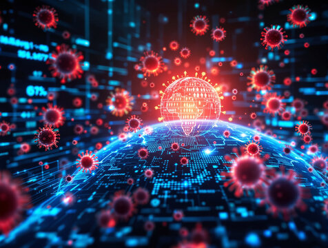 Digital illustration of a virus outbreak with glowing red viruses surrounding Earth, featuring a futuristic data-driven background. Concept of global pandemic. Ai generative