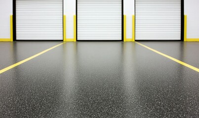 Smooth, Black Epoxy Floor with Vivid Yellow Lines and Industrial Garage Doors in a Modern Storage Facility