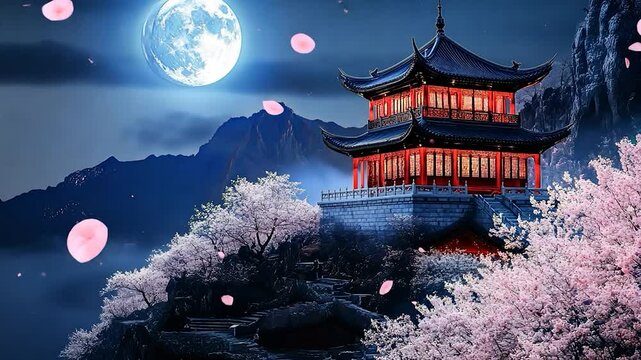 Beautiful scenery of asian temple with sakura cherry blossom tree, lake, japan, korean, chinese of mountains Cartoon anime illustration style.
