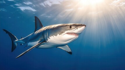 Fototapeta premium Majestic Great White Shark Swimming In Crystal Clear Ocean Waters Under Sunlight