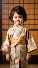 Adorable Toddler Girl in Beige Kimono Traditional Japanese Clothing Studio Shot