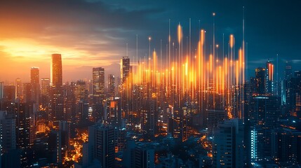 Fototapeta premium Futuristic cityscape with glowing data streams connecting buildings during sunset