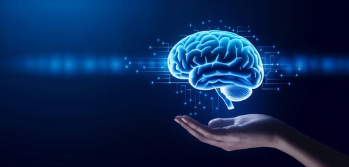 Illuminated Brain Above Hand Symbolizing Knowledge and Technology