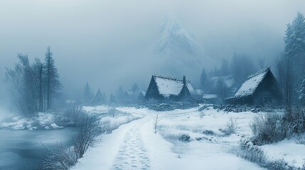 A snowy village scene shrouded in a thick misty atmosphere