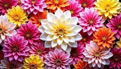 Fototapeta premium Intricate dahlia blooms in vibrant hues form a repeating floral pattern , fabric, red, art