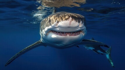 Fototapeta premium Majestic Great White Shark Gliding Through Crystal Clear Ocean Waters in Vibrant Underwater Scene