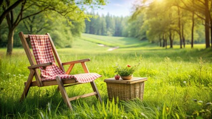 Fototapeta premium Serene Sunset Picnic Silhouette: Wooden Chair, Nature, Peaceful Landscape Photography
