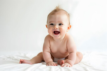 Detail and 4k resolution image idea about Cute and funny ,smiling baby wearing white shirt and sitting on the floor isolated on blue background