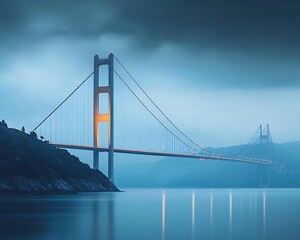 Obraz premium Twilight Bridge for Coastal Cityscape, Misty Sky.